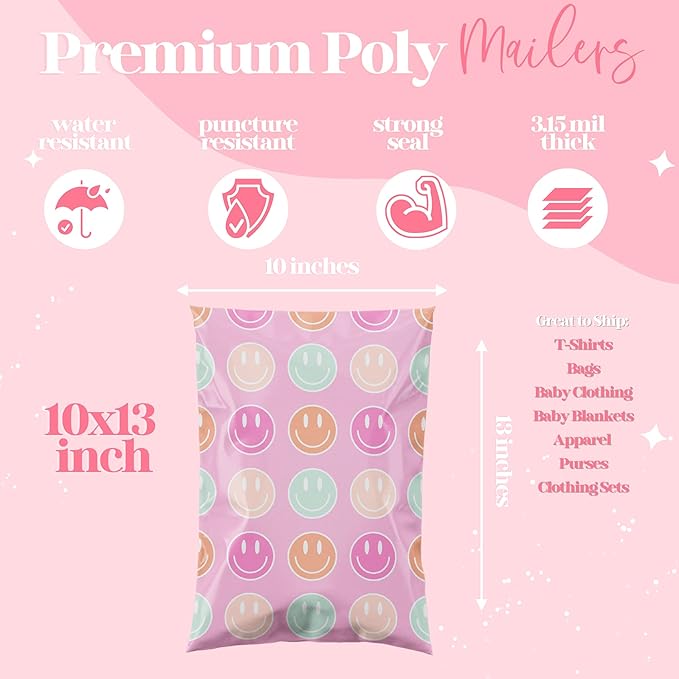 Pretty Package Store 6x9 Designer Poly Mailer 100 Pack Heavy Duty Waterproof Self Seal Shipping Bags for Small Business Large Mailing Envelopes Bulk Tear Resistant Cute Packaging Smiley Face