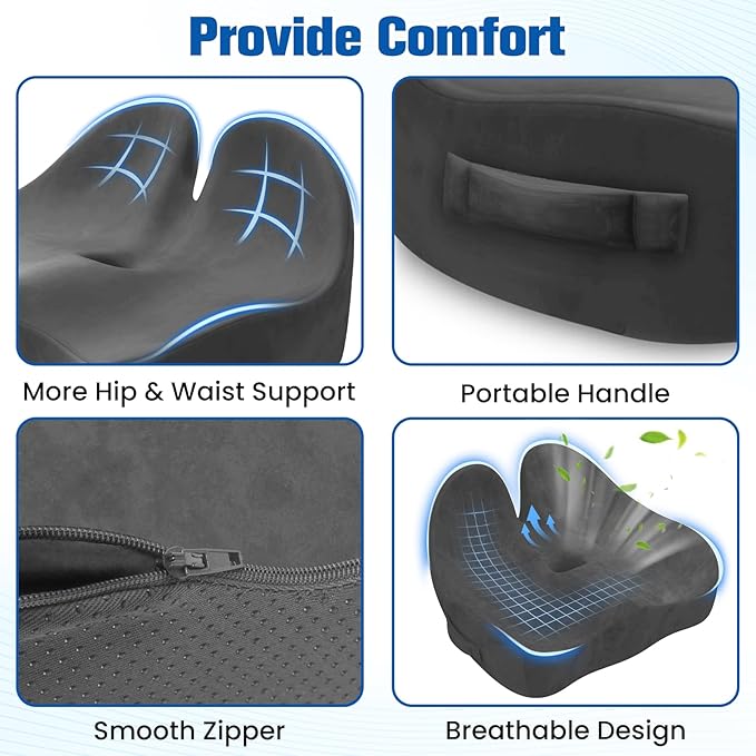 DailyCuddles Seat Cushion, Chair Cushions for Office Chairs/Desk Seats/Wheelchair - Hip&Sciatica&Tailbone Pain Relief Memory Foam Office Chair Cushion for Long Sitting Office Workers, Grey