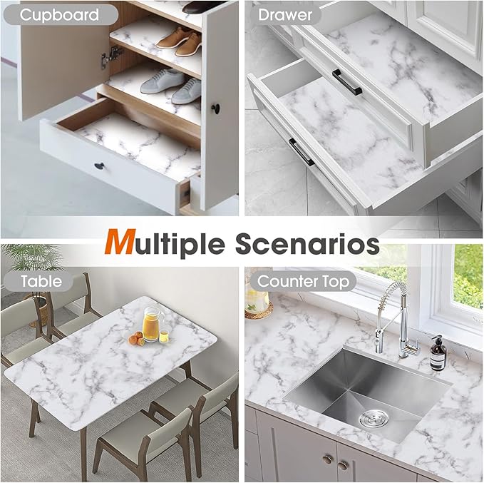 ALIUNI Drawer and Shelf Liner, Non-Slip Kitchen Cabinet Liners Non-Adhesive Thick Strong Grip Waterproof Washable Mats Protect Dresser Shelves Cupboard Bathroom Cabinets, White Marble, 18 in X 20 FT