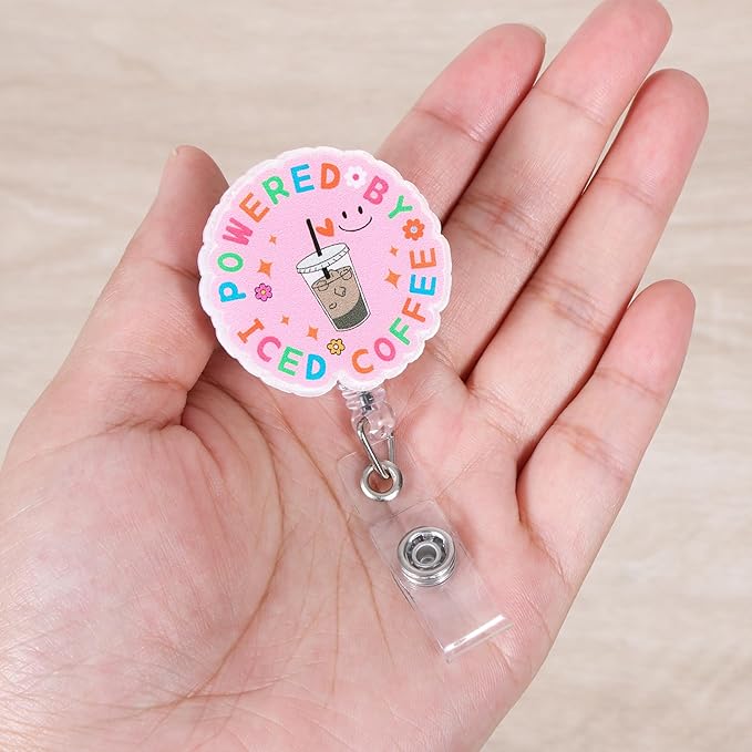 Powered by Iced Coffee Funny Pink Nurse Badge Reel, Cute Retractable ID Card Badge Holder, Name Tag Badge Buddy for RN CNA LPN MA Night Shift Nurse Nursing Student Doctor Social Worker Coffee Lovers