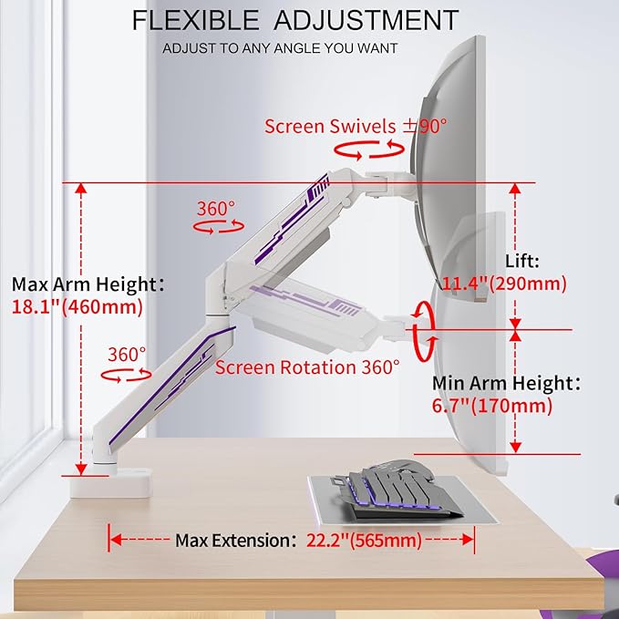 Heavy Duty Monitor Arm for Ultrawide Screen up to 49 inches,44 lbs,Gas Spring Desk Mount Stand, Premium Fully Adjustable Bracket with C Clamp, Grommet Base, VESA 75x75/100x100mm (White)