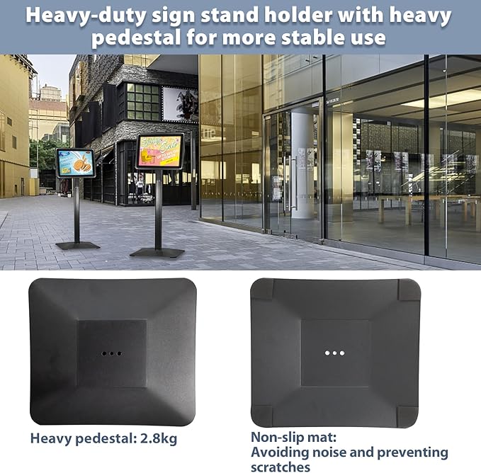 Sign Holder Stand, Heavy-Duty 8.5x11 Inch Aluminum Floor Stand for Posters & Signs | Includes PVC Plastic Sleeve & Weighted Base | Black Poster Display Stand