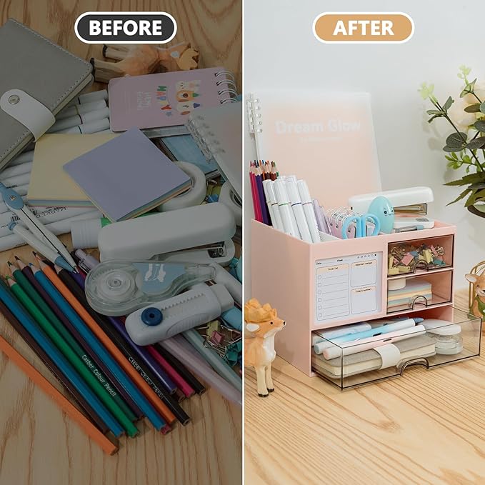 QIYVLOS Multi-Functional Desk Organizer with 3 Drawer and 8 Compartments, Pink