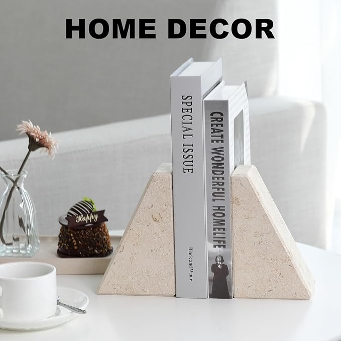 Karibiber Marble Bookends for Heavy Books, Decorative Book Ends for Shelves, Beige Stone Durable and Heavy-Duty Book Ends for Hardback Books & CDS, Unique Book Stopper & Holder, Set of 2