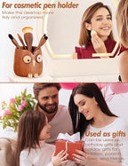 WODTILIFE Cute Owl Pen Holder for desk, funny wooden pencil holder with Magnetic Rotating Eyes, Ebony solid wood hollow design, for Office accessories School Home and Holiday Gifts.(Brown)