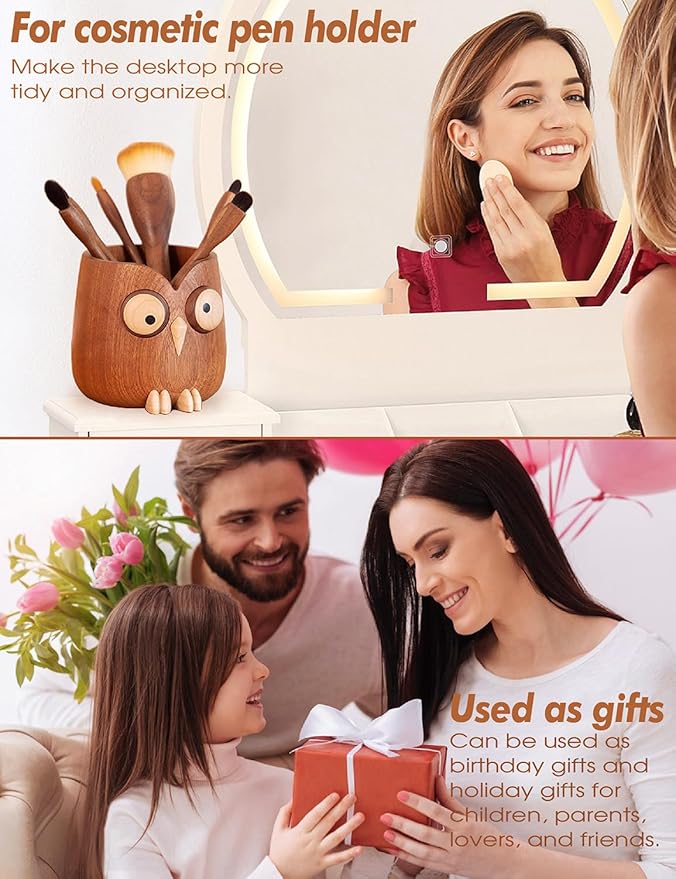 WODTILIFE Cute Owl Pen Holder for desk, funny wooden pencil holder with Magnetic Rotating Eyes, Ebony solid wood hollow design, for Office accessories School Home and Holiday Gifts.(Brown)