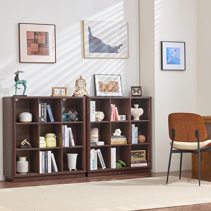Joaxswe 9 Cube Bookshelf, 41" Tall Organizer Bookcase with Curved Edge, Wood Floor Standing 3-Tier Cubby Book Shelf with Base, Vinatge Display Storage Cabinet for Living Room, Home Office, Walnut