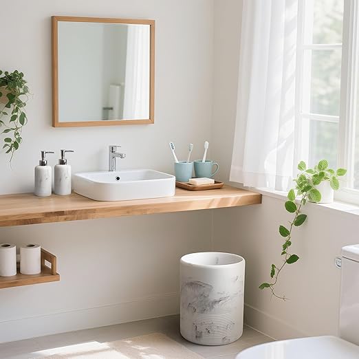 YMXYJM Modern Resin Trash Can Bin, Wastebasket for Bathroom, Kitchen, Office, Home, Marble White