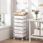 Rolling Storage Utility Cart With 6 Drawers,Art Supply Craft Organizer,Sewing Makeup Organizer And Storage,Office Organization Wooden Tabletop,White