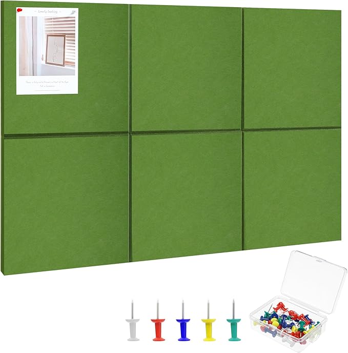 Large Cork Board 36" x 24", 6 Pack Felt Wall Tiles with Colored Pushpins, Bulletin Board with Removable Self-Adhesive Strips, Pin Board Cork Boards for Walls Office Home-Forest Green