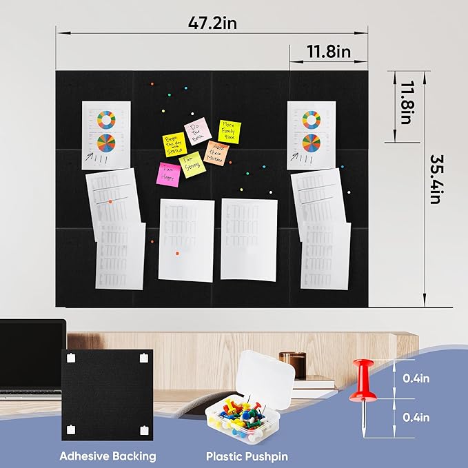 VUSIGN Large Cork Board for Wall 47"x35", 12 Pack Bulletin Board, Felt Wall Tiles with Adhesive Tabs and Push Pins, Push Pin Board for Office, School, Home, Black