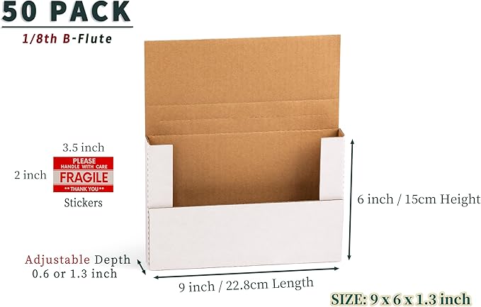 YUSHYIJIE 50 Pack 9x6x1.3 inch Small Shipping Boxes, Multi-Depth Flat Cardboard Boxes with Fragile Stickers for DVD Shipping, Packing, Moving, Storage, White