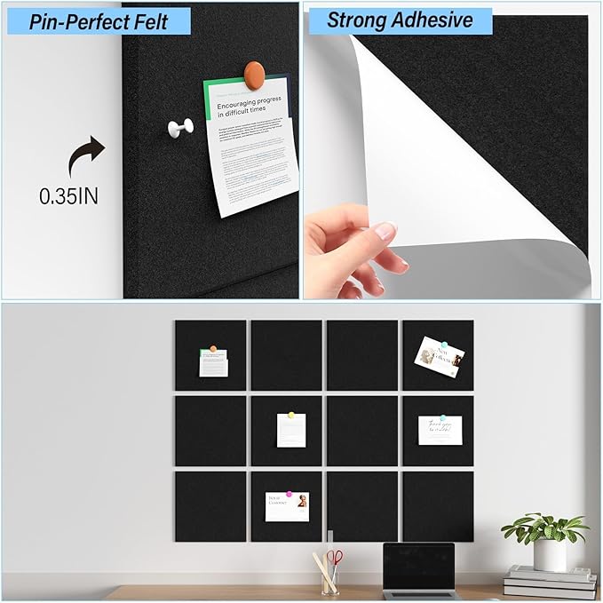 Baysola Large Cork Boards for Walls – 48" x 36" Self Adhesive Felt Wall Tiles, Ideal for Office Black Bulletin Board, Easy to Install Pin Board Photo Dart Board Wall Protectors