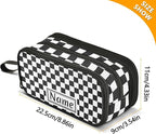 BOENLE Custom Black White Checkered Pattern Pencil Case Box Boys Girls Personalized Name Large Pencil Pouch Stationery Pen Bag Organizer for Kids Adults School