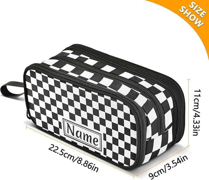 BOENLE Custom Black White Checkered Pattern Pencil Case Box Boys Girls Personalized Name Large Pencil Pouch Stationery Pen Bag Organizer for Kids Adults School