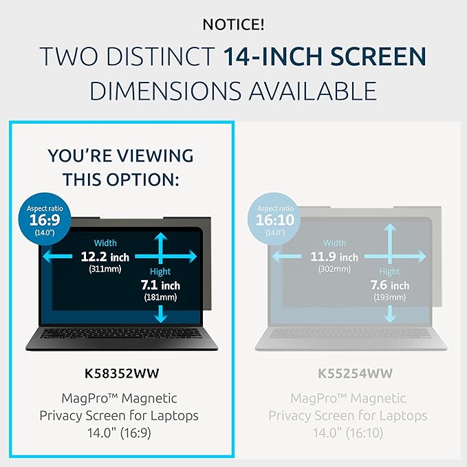 Kensington MagPro™ Magnetic Laptop Privacy Screen 14 inch, Removable 16:9 Laptop Privacy Filter, Anti-Glare, Blue Ray Reduction, Compatible with HP/Dell/Acer/Asus/Samsung/Lenovo (K58352WW)