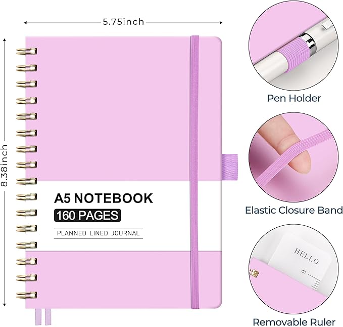 AHGXG Spiral Journal Notebook, 160 Lined Pages, A5 Medium Size (5.7'' x 8.3''), for Men & Women, Journaling, Writing, Work & Office, Hardcover, 100 GSM Thick Paper (Purple)