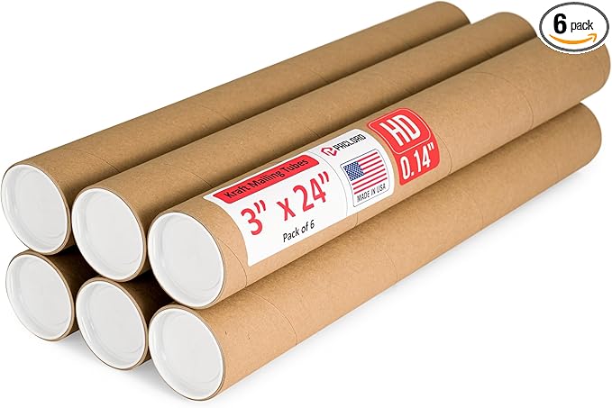 Paclord 3" x 24" Heavy-Duty Reinforced Cardboard Mailing Tube, Pack of 6 Tubes with 12 Caps – Secure USPS Approved – Great for Shipping and Storing of Prints, Artwork, Posters or Documents