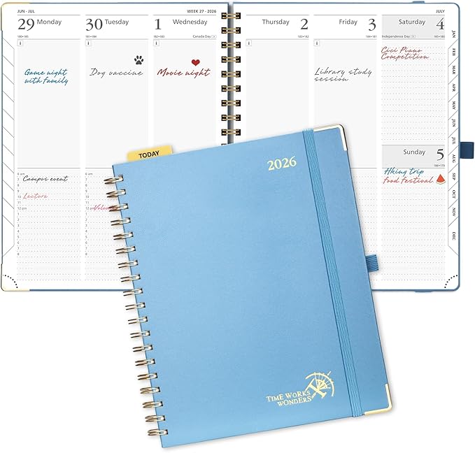 POPRUN 2026 Planner Daily Weekly and Monthly Calendar with Hourly Schedule, Monthly Tabs(Large Size 10'' x 8'' Wire-Bound Hard Cover) - Agenda 2026 (Jan.2026-Dec.2026) - Haze Blue