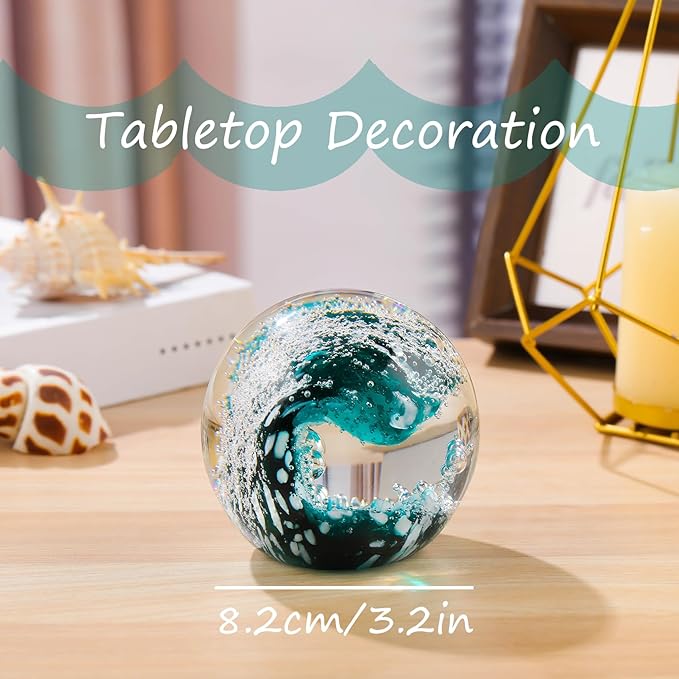 Hand Blown Glass Ball Ocean Waves Paperweight Sea Glass Decor Crystal Bubble Ball for Bedroom Home Office Aquarium (Dark Blue)