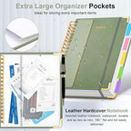 Hardcover Spiral Notebook 5.7"x 8.2" Journal Notebook with Tabs and Removable Dividers 300 Pages 5 Subject Notebook College Ruled, Faux Leather Spiral Bound Notebook for Women School Work (Sage Green)