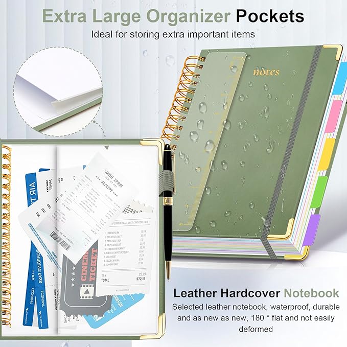 Hardcover Spiral Notebook 5.7"x 8.2" Journal Notebook with Tabs and Removable Dividers 300 Pages 5 Subject Notebook College Ruled, Faux Leather Spiral Bound Notebook for Women School Work (Sage Green)