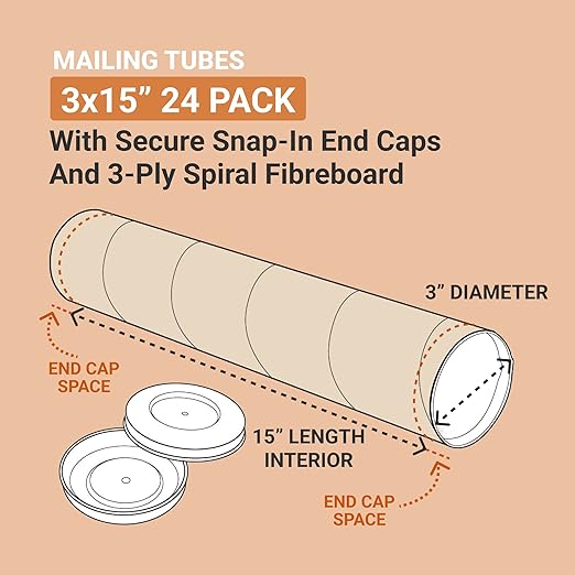 Aviditi BOX USA Mailing Tubes, 3" W x 15" H, 24-Pack - Round Corrugated Tubes for Mailing and Storage of Blueprints, Artwork, Crafts, Posters, Long Art Holder