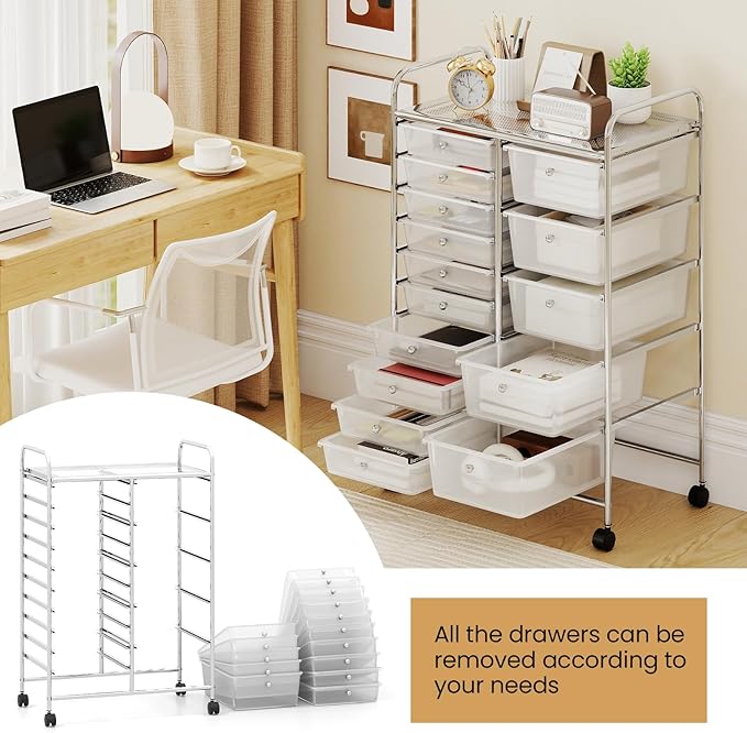 Giantex 15 Drawer Rolling Cart with Drawers, Storage Organizer Cart for Classroom Office School Teacher, Mobile Drawer Cart for Tools, Crafts, Small Printer, Clear