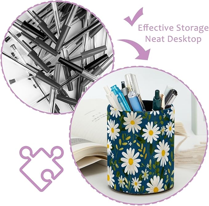 Leather Pen Holder for Desk Small Daisies Leaf Pencil Cup Desktop Organizer Makeup Brush Holders Office Supplies for Home, Kids & School