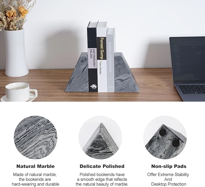 Karibiber Marble Bookends for Heavy Books, Decorative Book Ends for Shelves, Unique and Heavy-Duty Book Ends for Hardback Book & CDS, Stone Book Stopper, Modern Book Holder, Monte Grigi, Set of 2
