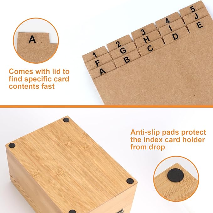 4x6 Index Card Holder with Dividers Bamboo Index Card Organizer Box 4 Compartments Flash Cards Holder with Lid 150 Index Flash Cards 25 Index Cards Dividers 2 Letter Smile Stickers for Office Business