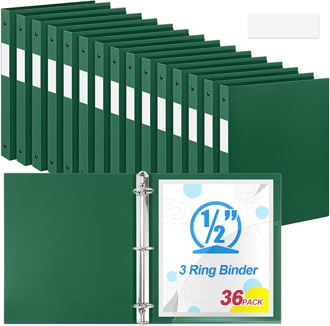 Henoyso 36 Pcs 3 Ring Binder 0.5 Inch Round Fits Letter Size 8.5'' x 11'' Paper Plastic Flexible Binder Bulk Holds 140 Sheets with 1 Pockets Versatile Organizer for Home Office School (Dark Green)