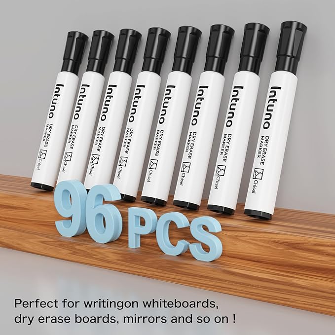INTUNO Dry Erase Markers, 96 Count Black, Chisel tip, Low-Odor, Perfect for Office, Teaching, Meeting, Presentation, Classroom, Home