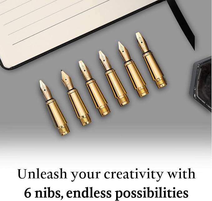 Ellington Pens Luxury Calligraphy Set - Premium Fountain Pen with 6 Nibs, 50 ml Black Ink Bottle, 6 Cartridges, Converter, Elegant Gift Box – Perfect for Drawing, Writing, Gifting (Nautilus)