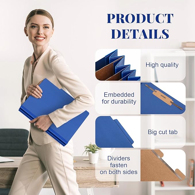 Skyygemm 36 Pcs Classification Folders Letter Size, 3 Divider Pressboard File Folder with Fasteners, Expanding File Organizer Bulk for School Teachers, Office Employee, Coworker, Staff (Dark Blue)