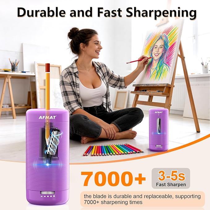 AFMAT Electric Pencil Sharpener, Fully Automatic Pencil Sharpener, Auto in & Out, Rechargeable Hands-Free Sharpeners for Jumbo & Colored Pencils (6.5-12mm), Portable for Home/Classroom/Office PSC2