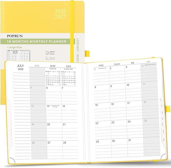 POPRUN Monthly Planner 2026-2027, Large-8'' x 10'', 18-Month Calendar Book (Jan.26 - Jun.27), Calendar Planner with Monthly Tabs, Storage Pocket, Hardcover, 100 GSM Paper - Light Yellow