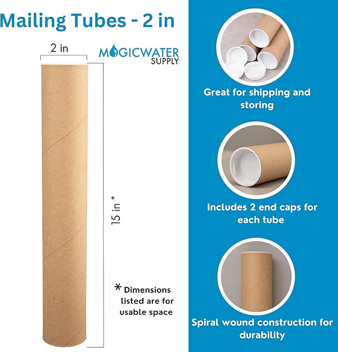 MagicWater Supply Mailing Tube - 2 in x 15 in - Kraft - 2 Pack - for Shipping and Storage of Posters, Arts, Crafts, and Documents