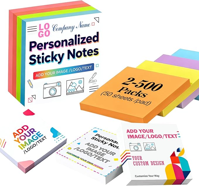 Personalized Sticky Notes Bulk 3-500 Pack – 3"x3" Custom Notepads Promotional Items with Your Logo Text 50 Sheets/Pads, Funny Post it Notes, Stationery Note Gifts for Office Business School Students