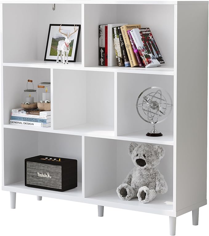 Chyanmoo Wood Cube Storage Organizer White Bookshelf - 3-Tier Freestanding Storage Cabinet with Legs for Home Office, 7-Cubes Open Shelf