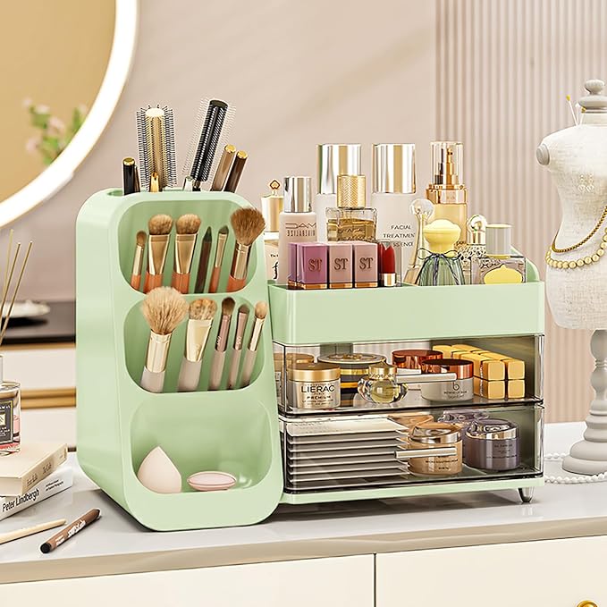 KQJS Makeup Organizer with Drawers,Large Capacity Countertop Organizer for Vanity,Bathroom and Bedroom Desk Cosmetics Organizer,Easy To Storage Skincare,Brushes,Lotions,Lipstick (Green)