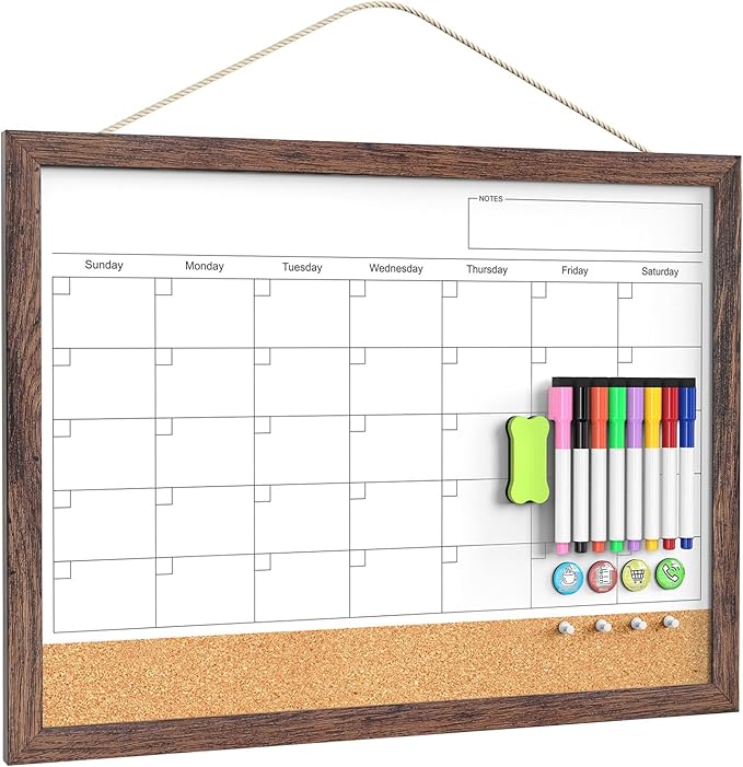 Calendar Whiteboard for Wall, 18x24 Inches White Board Calendar Dry Erase, Magnetic White Board with Wood Frame, Hanging Dry Erase Board for Kitchen Home Office School Planner