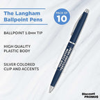 DISCOUNT PROMOS Custom Langham Ballpoint Pens Set of 10, Personalized Bulk Pack - Black Ink, Great for Office, School, Business, Tradeshows - Navy Blue
