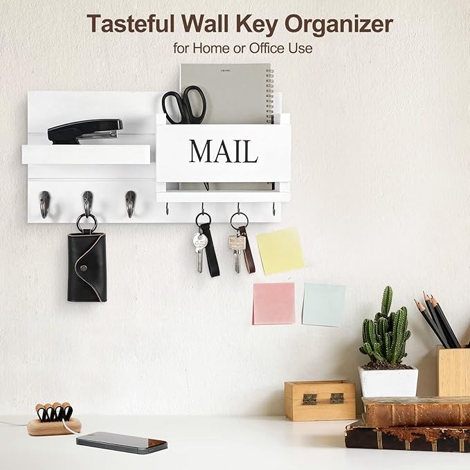 Lwenki Mail Organizer for Wall Mount – Key Holder with Shelf Includes Letter Holder and Hooks for Hallway Farmhouse Decor – Rustic Wood with Flush Mounting Hardware (16.5” x 9.1” x 3.4”) (White)