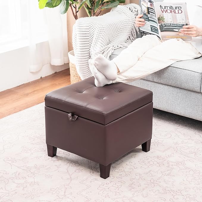 Asense 17 Inch Storage Ottoman Foot Rest,Square Faux Leather Foot Stool,Small Ottoman with Storage,Padded Seat for Entryway,Living Room,Bedroom,Couch,Under Desk,Brown