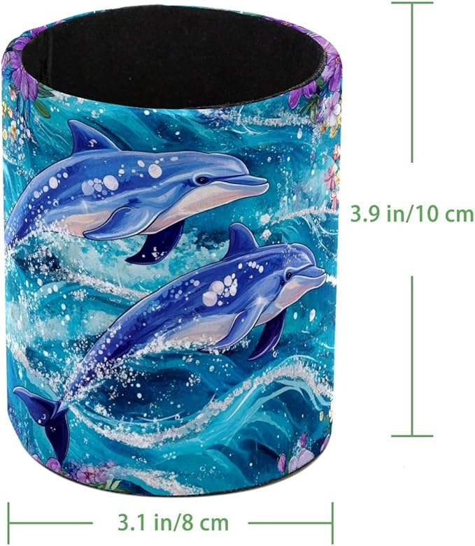 Leather Pen Holder for Desk, Dolphins Flowers Pencil Cup Desktop Organizer Makeup Brush Holders Office Supplies for Home, Kids & School