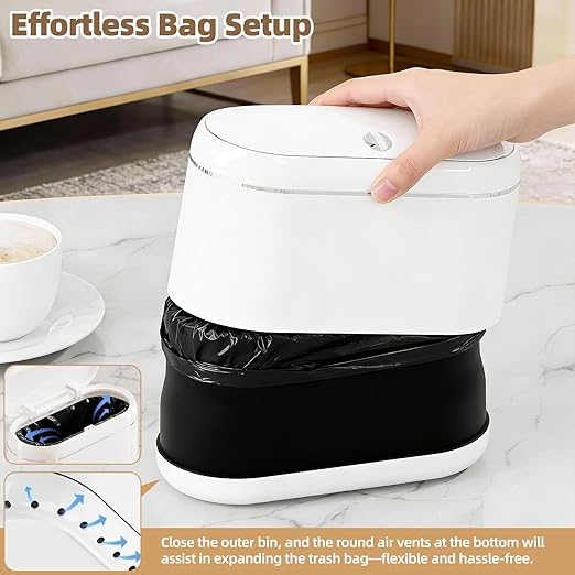 PAVSTINE Mini Trash Can for Desk with 5 Rolls of Trash Bags, Small Press-Top Countertop Garbage Bin, Removable Waste Basket for Bedroom, Vanity, Coffee Table, Kitchen (White Full-Lid)