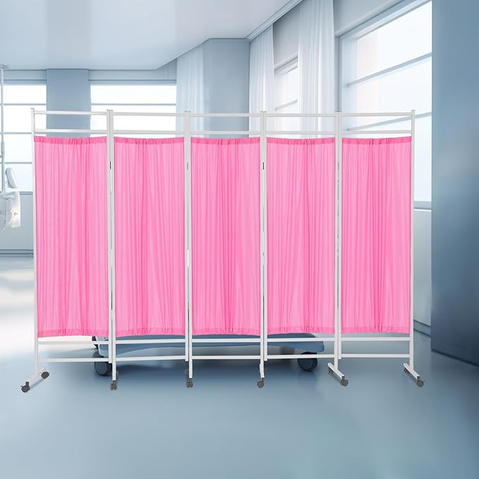 Medical Privacy Screens, Waterproof Nylon Fabric, 98.4 * 70.9 in Foldable Rolling Medical Privacy Screen with Silent Wheels, Suit for Hospitals, Clinics, and Nursing Homes (Pink, 5 Panels)