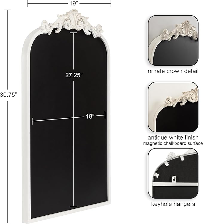 Kate and Laurel Arendahl Decorative Vintage Arch Chalkboard; 19 x 31; White; Framed Arched Ornate Magnetic Chalkboard for Bedroom Organization or Entryway Decor
