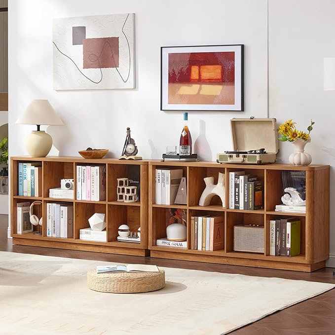 Joaxswe 8 Cube Storage Book Shelf, 52" Long Horizontal Bookshelf with Curved Edge, Floor Standing Wooden Cubby Bookcase with Base, Low Modern Console Book Case, TV Stand for Living Room, Brown